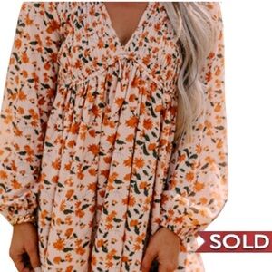 Beige Floral Deep V Neck Smocked Bust Bubble Sleeve Babydoll Dress